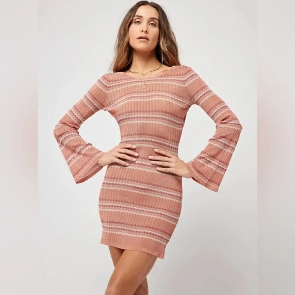 NWT L*Space Tunic Dress Striped Knit Coverup Size Large Long Sleeve Mini Dress